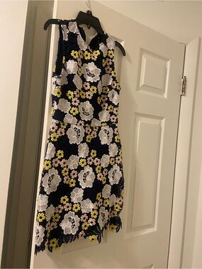 Aqua Navy Floral Lace Shift Dress with White, Yellow & Blush Flowers